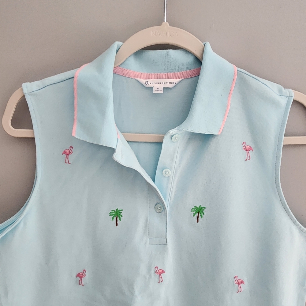 Light Blue Sleeveless Polo with Pink Flamingos and Green Palm Trees Size M - Picture 2 of 12
